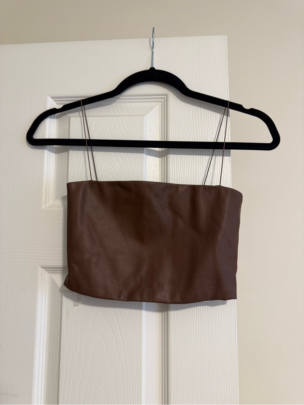 Brown Meshki Faux Leather Strapless Crop Top